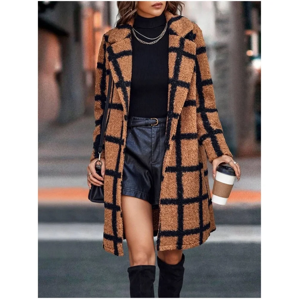 #17 Cozy Plaid Button Long Teddy Oversized Jacket Coat - Picture 6 of 7